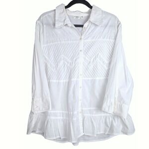 1X Cotton‎ Cato Woman White Pintuck Embroider Button Down Blouse 3/4 Sleeve